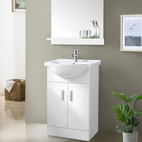 NRG Bathroom Vanity Corner Unit Floor Standing Compact Sink Cabinet Storage Furniture Gloss White Free Tap and Waste 
