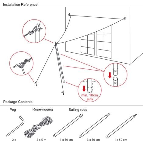 Sun Shade Sail Canopy Pole Kit 2.5m Long 5 Sections Adjustable with 4m Guy Rope