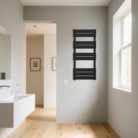 Black Flat Panel Electric Heated Warming Towel Rail 1000x450mm