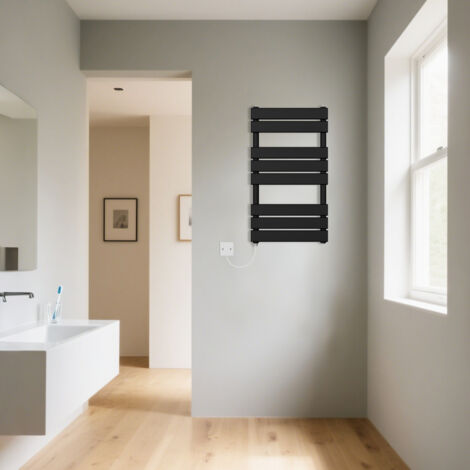 Black Flat Panel Electric Heated Warming Towel Rail 800x450mm
