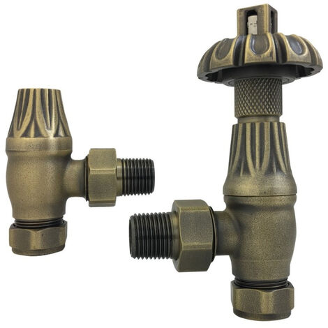 Warmehaus Traditional Antique Style Brass Thermostatic Radiator Valve Lockshield Heated Towel Rail Angled TRV Antique Brass