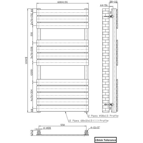 WarmeHaus 1200x600mm Flat Panel Heated Towel Rail Central Heating Towel Warmer for Bathroom Kitchen Black