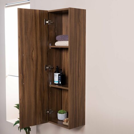 Walnut Wall Mounted Tall Bathroom Unit & Soft Closing Door 1200mm