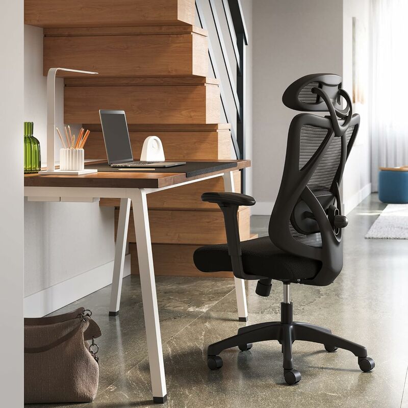 Silla de escritorio ergonómica de malla, respaldo alto, reposacabezas  ajustable con brazos abatibles, soporte lumbar, silla giratoria para tareas