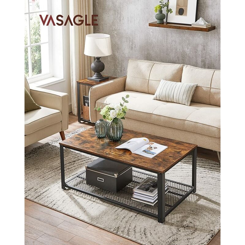 Vasagle Mesa de Centro en diseño Industrial, para la televisión, para el salón, con Gran Estante, Patas Regulables, Protege el Suelo, con Estructura de Metal, Estable, fácil de Montar LCT61X