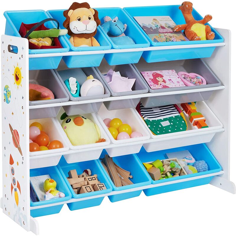 Estantería de Juguetes, Organizador de Juguetes de 4 Niveles para niños con 16 Cubos de plástico, para la habitación Infantil, Sala de Juegos, Blanco, Azul y Gris , Navidad, GKR070W03