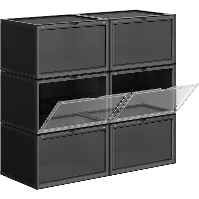 Cajas de Zapatos, Paquete de 6, Organizadores de Zapatos Apilables con Puerta Transparente, Zapatería de Plástico, Talla 46, 36 x 28 x 22 cm, Negro LSP06CB