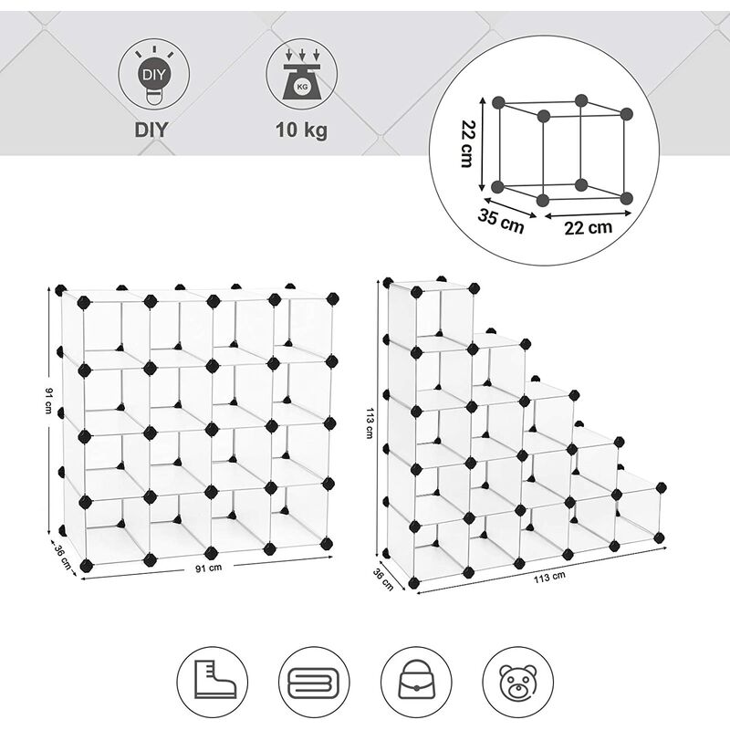 SONGMICS Estantería modular de plástico PP Zapatero Organizador 16 cubos Negro Estampado 113 x 36 x 113 cm LPC44H 