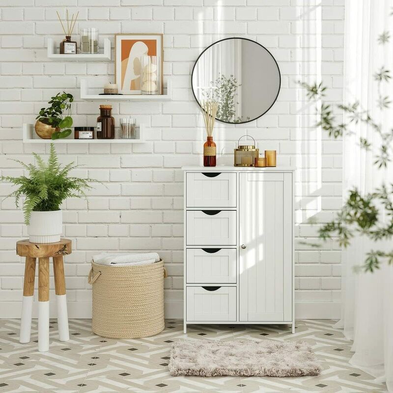 VASAGLE Gabinete de Baño, Gabinete de Almacenamiento con 4 Cajones y 1 Armario de Taquilla, Puerta Simple, Estante Ajustable, para Sala de Estar, Cocina, Entrada, Blanco por SONGMICS LHC41W