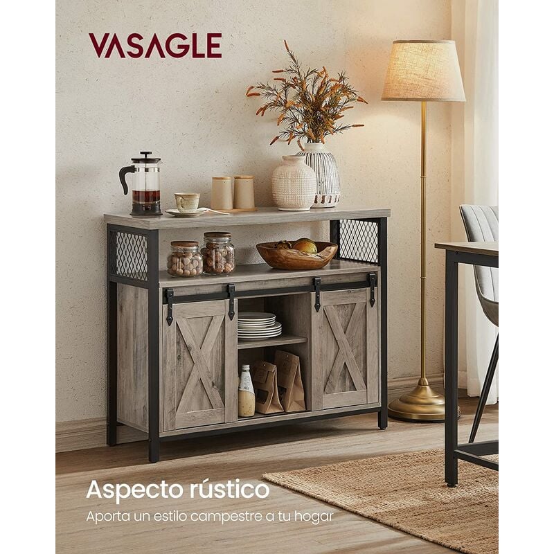 VASAGLE Aparador, Armario de Cocina, Armario de Almacenamiento, con 2 Puertas Correderas, 33 x 100 x 80 cm, Estantes Ajustables, Estilo Rústico, para Salón, Greige y Negro por SONGMICS LSC092B02