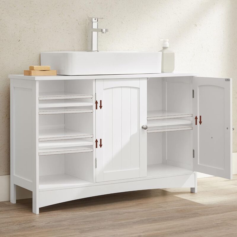 Mueble de lavabo de baño bajo extra largo con dos puertas y compartimientos  abiertos color blanco Vasagle