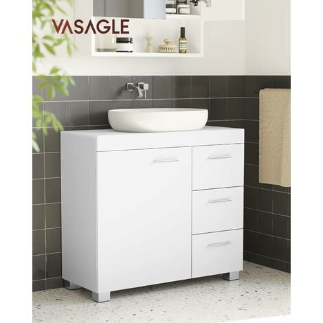 VASAGLE Mueble Bajo Lavabo para Baño, Armario de Baño, 3 Cajones Laterales, 2 Compartimentos Detrás de la Puerta, Apto para Lavabos con Pedestal, con Pies, 30 x 70 x 64 cm, Blanco Nube