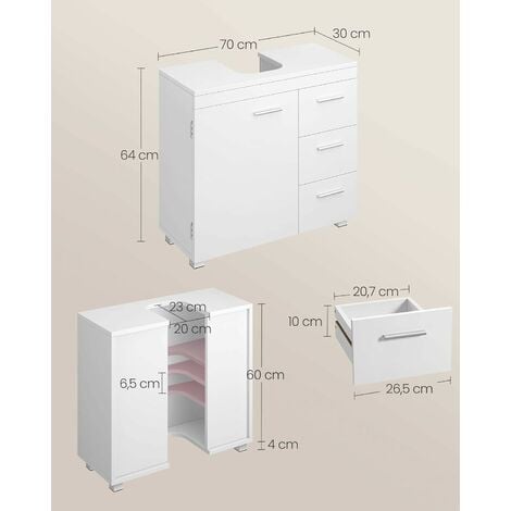 VASAGLE Mueble Bajo Lavabo para Baño, Armario de Baño, 3 Cajones Laterales, 2 Compartimentos Detrás de la Puerta, Apto para Lavabos con Pedestal, con Pies, 30 x 70 x 64 cm, Blanco Nube