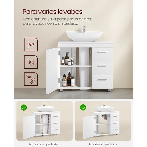 VASAGLE Mueble Bajo Lavabo para Baño, Armario de Baño, 3 Cajones Laterales, 2 Compartimentos Detrás de la Puerta, Apto para Lavabos con Pedestal, con Pies, 30 x 70 x 64 cm, Blanco Nube