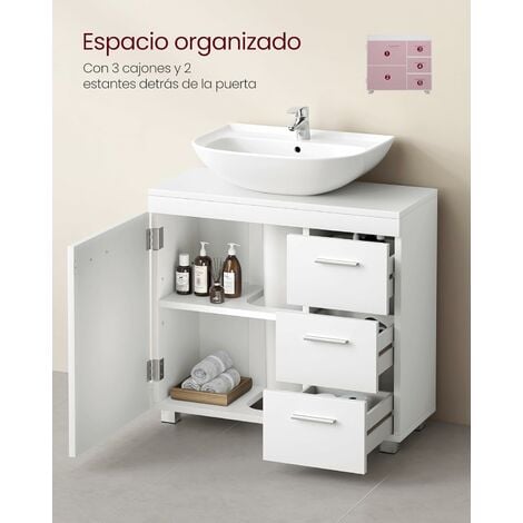 VASAGLE Mueble Bajo Lavabo para Baño, Armario de Baño, 3 Cajones Laterales, 2 Compartimentos Detrás de la Puerta, Apto para Lavabos con Pedestal, con Pies, 30 x 70 x 64 cm, Blanco Nube