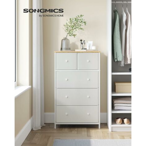 SONGMICS Cómoda, Unidad de Almacenamiento Tela, 5 Cajones, Cajonera de Estilo Industrial, para el Salón, Pasillo, Cuarto de Niños, Blanco y Roble