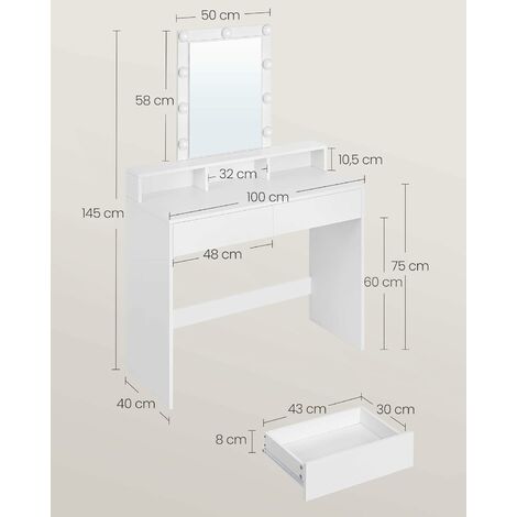 Tocador Con Espejo LED Ajustable - 80x40x136 Cm, 2 Cajones, 4 Estantes, Taburete, Brillo Ajustable