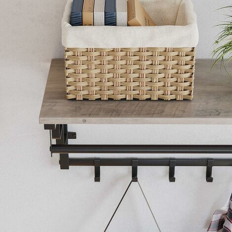 VASAGLE Perchero de Pared Vintage con Ganchos, Estante de Pared, Estante de Almacenamiento, Estante de Pared con Barra Colgante, 5 Ganchos, para Entrada, Dormitorio, Greige y Negro