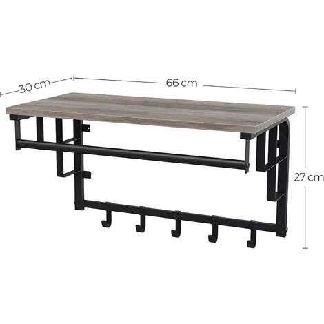 VASAGLE Perchero de Pared Vintage con Ganchos, Estante de Pared, Estante de Almacenamiento, Estante de Pared con Barra Colgante, 5 Ganchos, para Entrada, Dormitorio, Greige y Negro