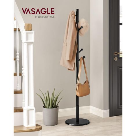 VASAGLE Perchero de Pie, Perchero para Abrigos, Perchero de Madera en Forma de Árbol con 7 Ganchos Redondos, para Ropa, Gorras, Bolsos, para Pasillo, Dormitorio, Negro