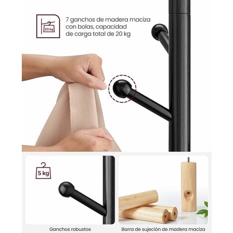 VASAGLE Perchero de Pie, Perchero para Abrigos, Perchero de Madera en Forma de Árbol con 7 Ganchos Redondos, para Ropa, Gorras, Bolsos, para Pasillo, Dormitorio, Negro