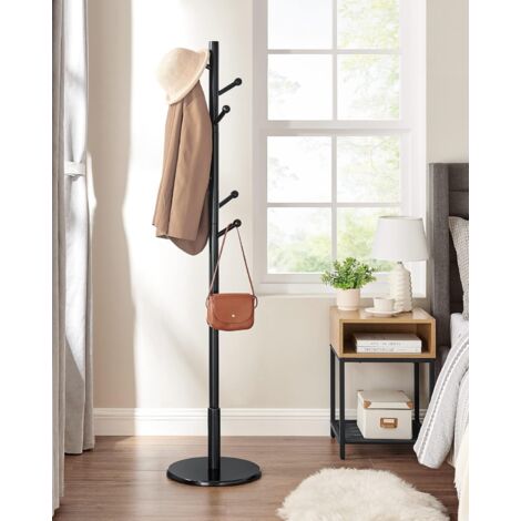 VASAGLE Perchero de Pie, Perchero para Abrigos, Perchero de Madera en Forma de Árbol con 7 Ganchos Redondos, para Ropa, Gorras, Bolsos, para Pasillo, Dormitorio, Negro