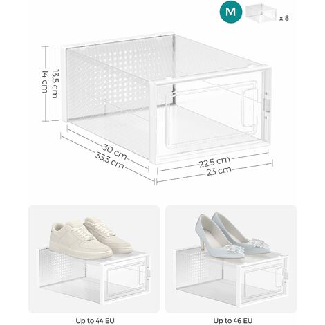 SONGMICS - Cajas para zapatos, paquete de 8 contenedores/organizadores para zapatos plegables y apilables, hasta la talla 44, transparente y blanco
