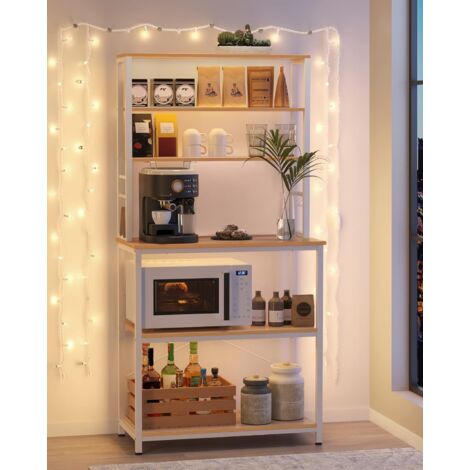 VASAGLE Estantería de Cocina, Estantería de Panadería, 6 Estantes y 6 Ganchos, para Microondas, Marco de Acero, Industrial, 40 x 80 x 167 cm, Roble y Blanco