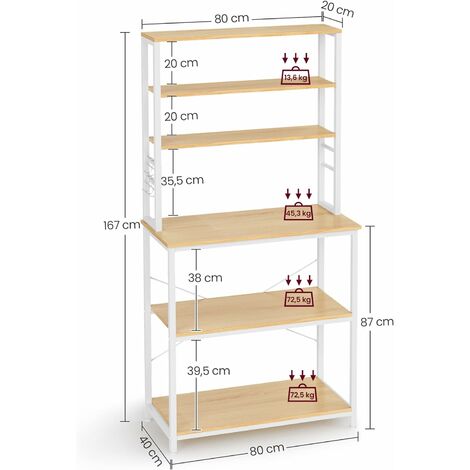 VASAGLE Estantería de Cocina, Estantería de Panadería, 6 Estantes y 6 Ganchos, para Microondas, Marco de Acero, Industrial, 40 x 80 x 167 cm, Roble y Blanco