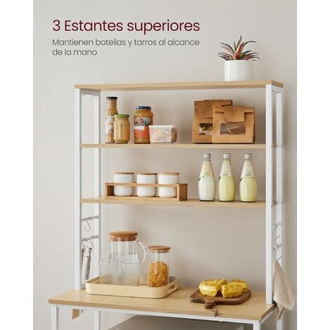VASAGLE Estantería de Cocina, Estantería de Panadería, 6 Estantes y 6 Ganchos, para Microondas, Marco de Acero, Industrial, 40 x 80 x 167 cm, Roble y Blanco