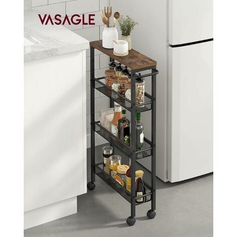 VASAGLE Carro de 4 Niveles, Carro Estrecho de Cocina con Ruedas, con Asa, para Espacio Reducido, 13 x 45,4 x 77 cm, para Cocina, Baño, Salón,Estudio, Marrón Rústico y Negro