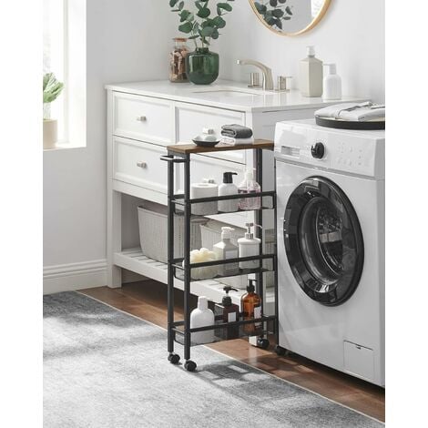 VASAGLE Carro de 4 Niveles, Carro Estrecho de Cocina con Ruedas, con Asa, para Espacio Reducido, 13 x 45,4 x 77 cm, para Cocina, Baño, Salón,Estudio, Marrón Rústico y Negro
