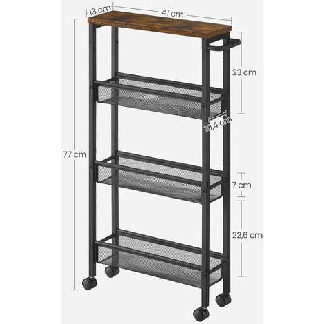 VASAGLE Carro de 4 Niveles, Carro Estrecho de Cocina con Ruedas, con Asa, para Espacio Reducido, 13 x 45,4 x 77 cm, para Cocina, Baño, Salón,Estudio, Marrón Rústico y Negro