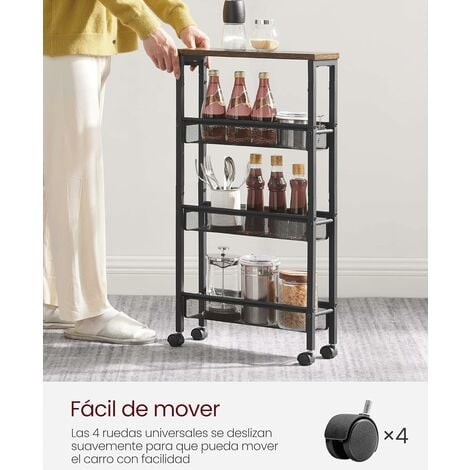 VASAGLE Carro de 4 Niveles, Carro Estrecho de Cocina con Ruedas, con Asa, para Espacio Reducido, 13 x 45,4 x 77 cm, para Cocina, Baño, Salón,Estudio, Marrón Rústico y Negro
