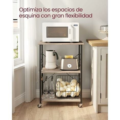 Mueble auxiliar para cocina con estante para microondas, con 2 cestas de  malla metálica, y ganchos
