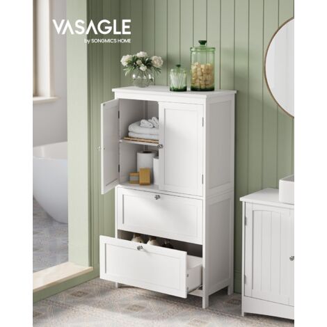 VASAGLE Mueble de Baño, Armario de Baño, Armario de Cocina, Armario Almacenaje con 2 Cajones y 2 Puertas, Estante Regulable, 30 x 60 x 110 cm, Blanco