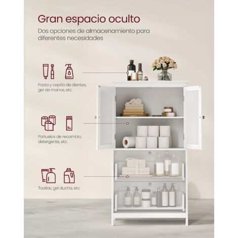 VASAGLE Mueble de Baño, Armario de Baño, Armario de Cocina, Armario Almacenaje con 2 Cajones y 2 Puertas, Estante Regulable, 30 x 60 x 110 cm, Blanco