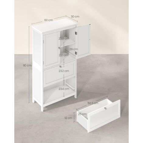 VASAGLE Mueble de Baño, Armario de Baño, Armario de Cocina, Armario Almacenaje con 2 Cajones y 2 Puertas, Estante Regulable, 30 x 60 x 110 cm, Blanco