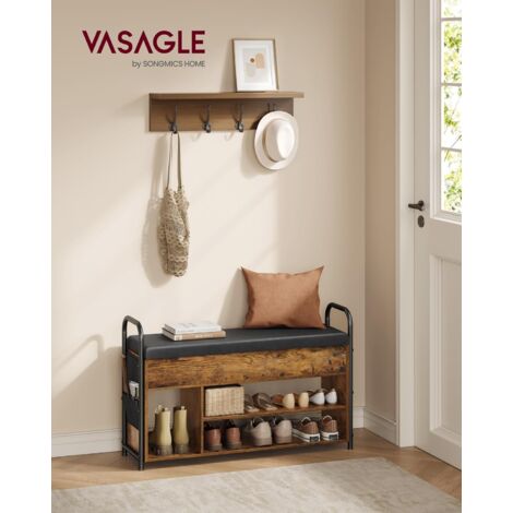 VASAGLE Banco Zapatero, Zapatero, Mueble de Entrada, Almacenamiento Interior Bajo la Tapa, Bolsillos de PU, Cómodas Asas, para Entrada, Salón, Dormitorio, Marrón Rústico y Negro Tinta