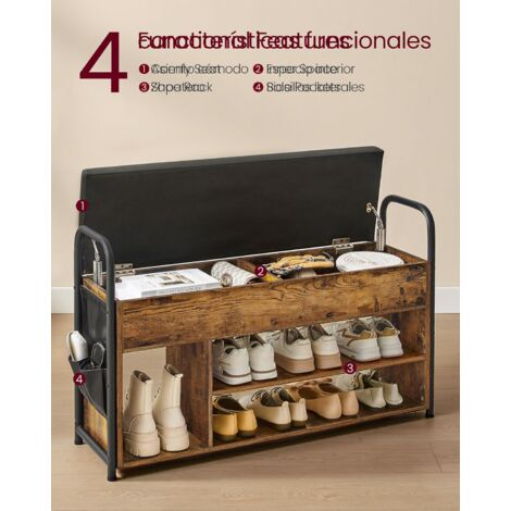 VASAGLE Banco Zapatero, Zapatero, Mueble de Entrada, Almacenamiento Interior Bajo la Tapa, Bolsillos de PU, Cómodas Asas, para Entrada, Salón, Dormitorio, Marrón Rústico y Negro Tinta