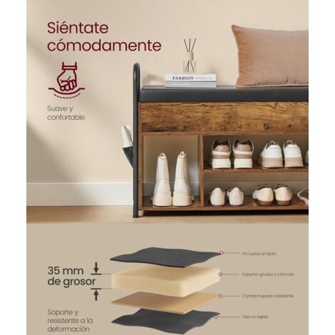 VASAGLE Banco Zapatero, Zapatero, Mueble de Entrada, Almacenamiento Interior Bajo la Tapa, Bolsillos de PU, Cómodas Asas, para Entrada, Salón, Dormitorio, Marrón Rústico y Negro Tinta