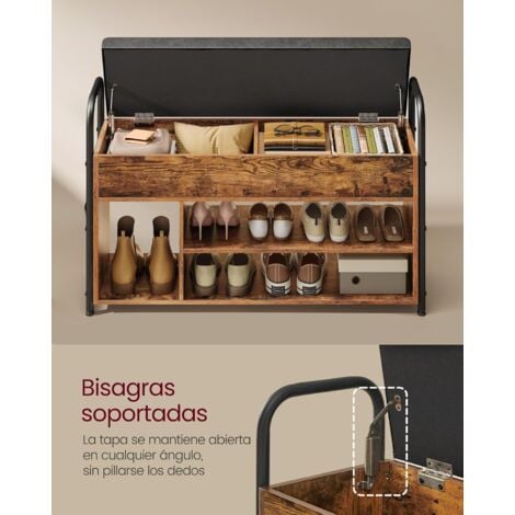 VASAGLE Banco Zapatero, Zapatero, Mueble de Entrada, Almacenamiento Interior Bajo la Tapa, Bolsillos de PU, Cómodas Asas, para Entrada, Salón, Dormitorio, Marrón Rústico y Negro Tinta