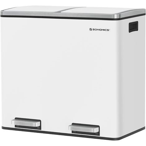 main image of "Basurero Reciclaje, Cubo de Basura para Cocina con 2 cubetas, 2 x 24L, Tapa de Mecanismo, con Pedales, Acero, Cubos Interiores de Plástico y Asas de Transporte, Blanco LTB48WT - Blanco"
