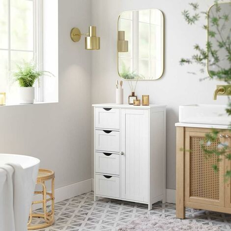 VASAGLE Armario de piso de esquina de almacenamiento de baño pequeño con  puerta y estantes, organizador, gabinete de papel higiénico estrecho,  blanco