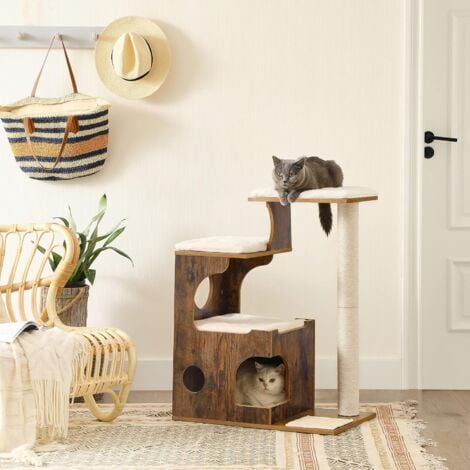 FEANDREA Árbol para Gatos, Torre de Gatos, Altura de 86 cm, con 3 Camas y Cueva, Hecho de MDF, con Chapa de Madera, Poste de Sisal, Piel de Imitación Lavable, Vintage, Rústico Marrón y Blanco por SONG