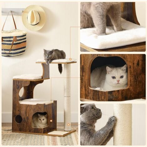 FEANDREA Árbol para Gatos, Torre de Gatos, Altura de 86 cm, con 3 Camas y Cueva, Hecho de MDF, con Chapa de Madera, Poste de Sisal, Piel de Imitación Lavable, Vintage, Rústico Marrón y Blanco por SONG