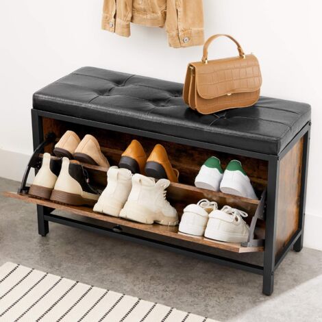 VASAGLE Banco Zapatero, Banco tapizado para Zapatos, con cajón, 2 Filas para 6 Pares de Zapatos, Estructura de Acero, Industrial, Marrón Rústico y Negro por SONGMICS