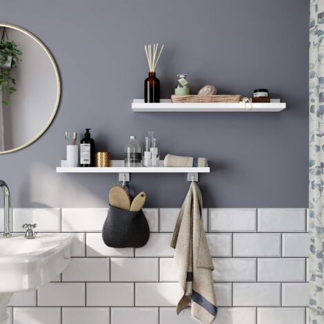 Juego de 2 Estantes de Pared, 2 Estantes Flotantes con Acabado Brillante, para Marcos de Foto y Libros, Uso en Sala de Estar, Baño, Cocina, Estable, Fácil Montaje, Blanco