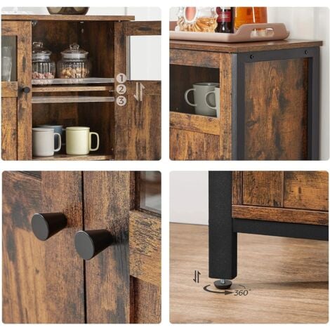 VASAGLE Aramrio de Almacenamiento, Aparador con Puertas de Cristal, para Comedor, salón, Cocina, Estilo Industrial, Marrón Rústico y Negro por SONGMICS