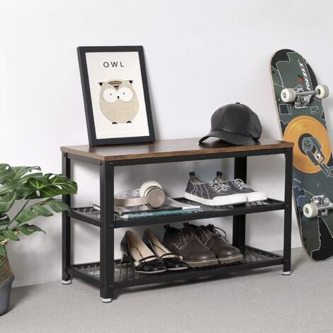 VASAGLE Banco para Zapatos, Estante de Zapatos de 3 Niveles, Organizador de Almacenamiento con Asiento y Estantes, Marco de Metal, para Entrada, Sala de Estar, Pasillo, Marrón Rústico y Negro por SONG